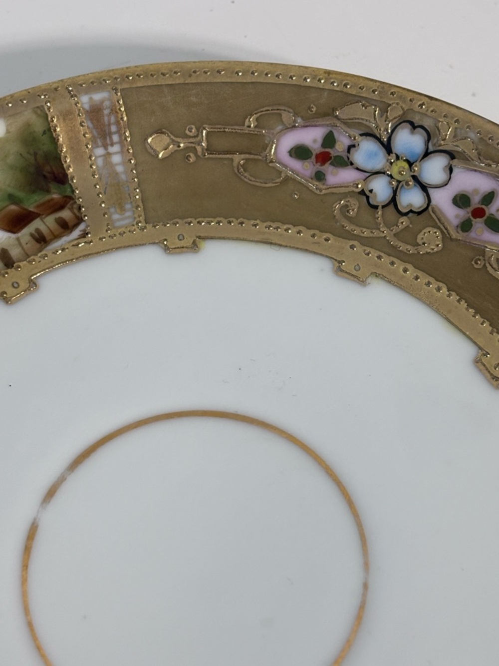 Antique Hand Painted Nippon Saucer Gold Moriage Enamel Floral Scenic Japan boat - Picture 9 of 12